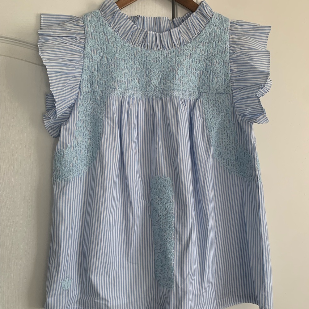 J. Marie flutter sleeve embroidered Blue Striped Women's Top - Picture 2 of 4